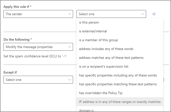 Microsoft365 exchange admin select ip addresses in this range