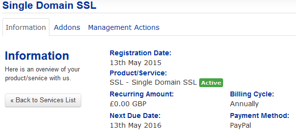Details of your single Domain SSL