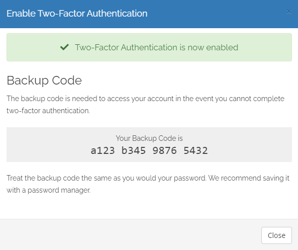 Prolateral clients area with 2fa enable and showing backup code