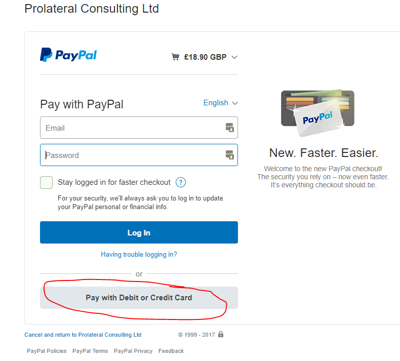 PayPal payment processing by Credit Card or Debit Card without needing a PayPal Account