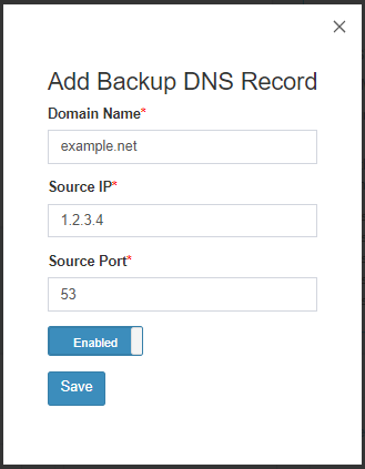 Enter the primary DNS server IP Address and domain name for backupdns