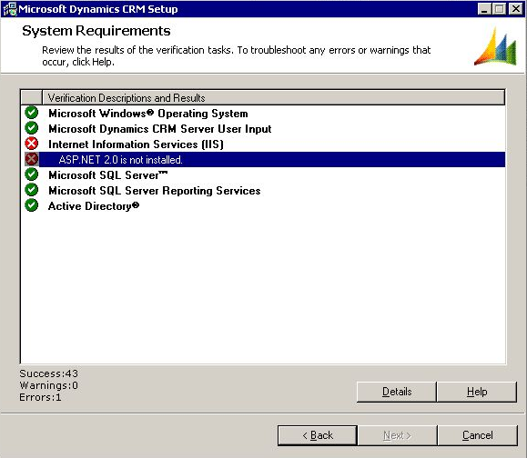 Microsoft Dynamics CRM v4.0 ASP.Net v2 not installed