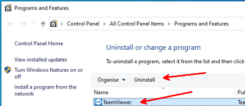 teamviewer win10 control panel uninstall