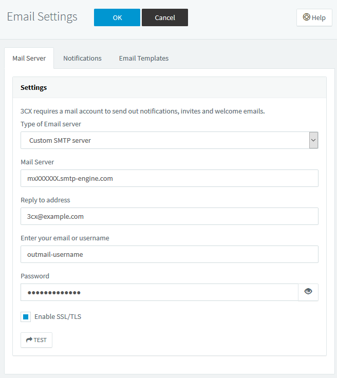 3CX Management Console - Custom SMTP Settings