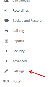 3CX Management Console - Settings Menu