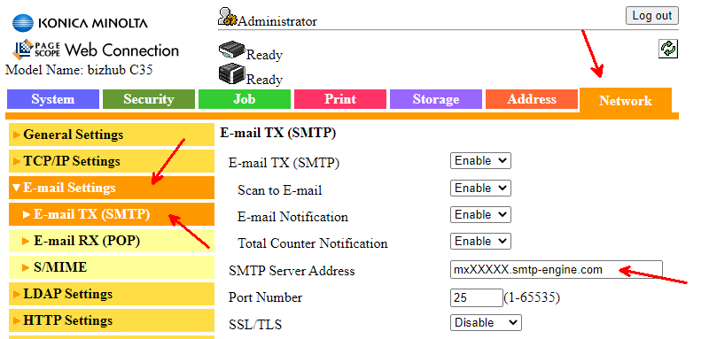 Konica Minolta BizHub C35 SMTP Server Settings Screen