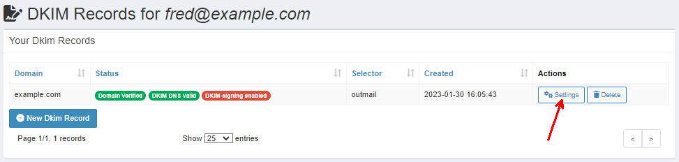 outmail new dkim record complete but not enabled settings