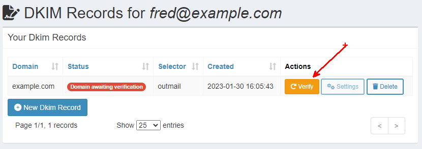 outmail verifiy domain ownership from the dashboard