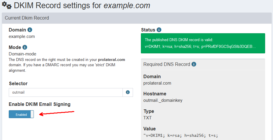 outmail new dkim record enabled