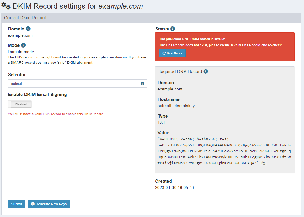 outmail new dkim TXT DNS record