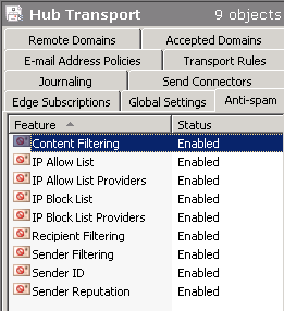 Exchange Anti-Spam Tab in the Hub Transport
