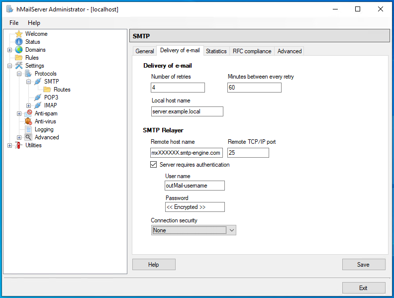 hmailserver settings protocols smtp routes