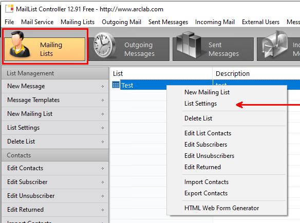 MailList Controller -> Mailing List Menu