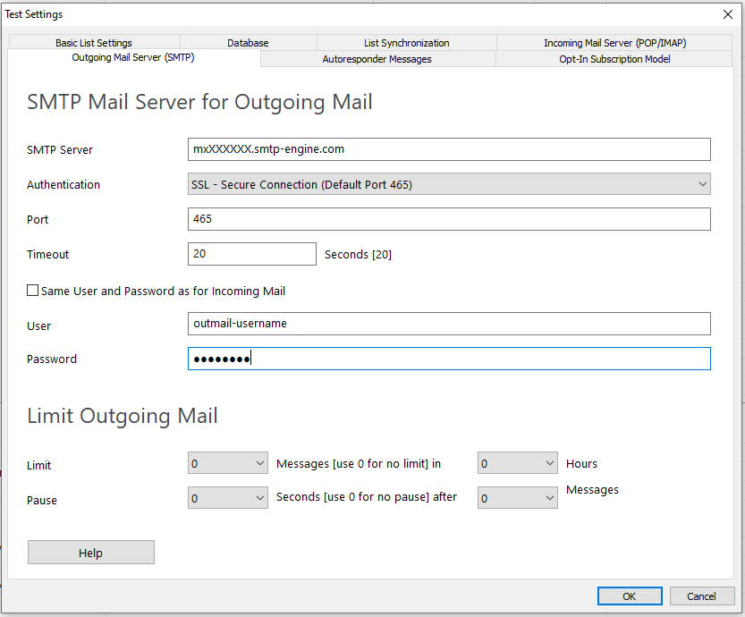 MailList Controller -> Outgoing SMTP Server Settings
