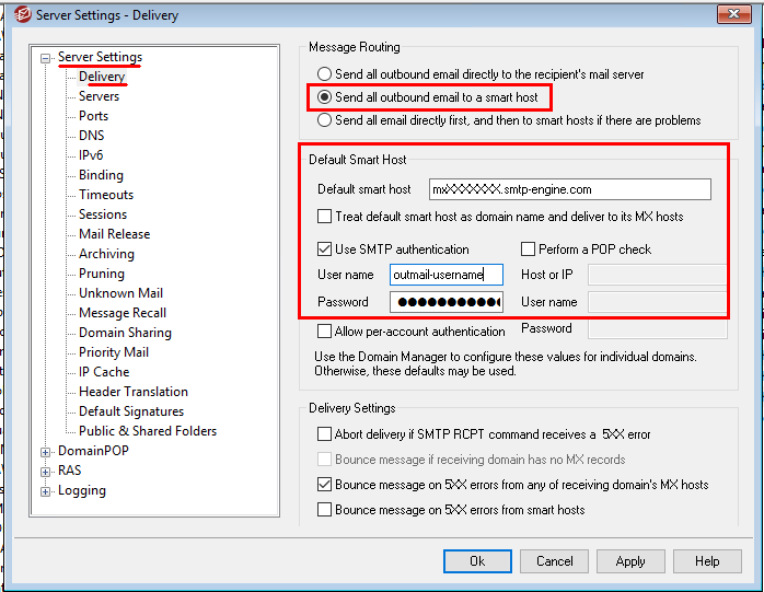 mdaemon default smart host settings