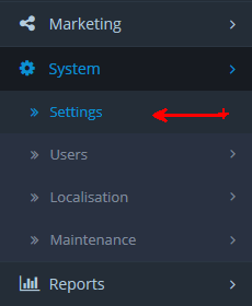 OpenCart System Settings Menu