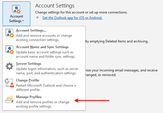 Outlook 2019 Manage Profile Menu