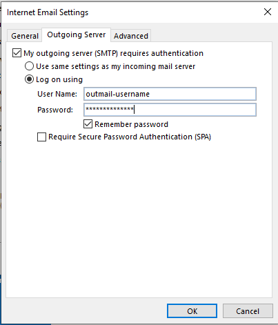 Outlook 2019 Outgoing Server Authentication Settings
