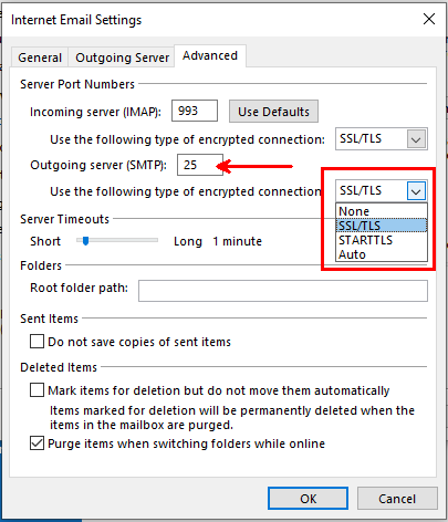 Outlook 2019 Outgoing Server SMTP port Settings