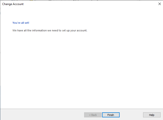 Outlook 365 Change Settings Wizard complete