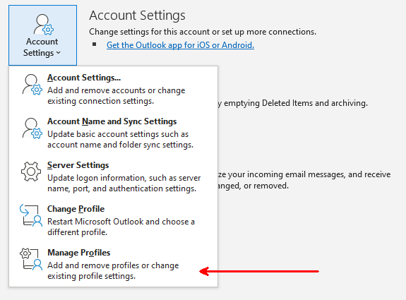 Outlook 365 Manage Profile Menu