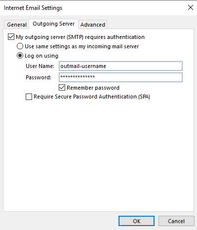 Outlook 365 Outgoing Server Authentication Settings