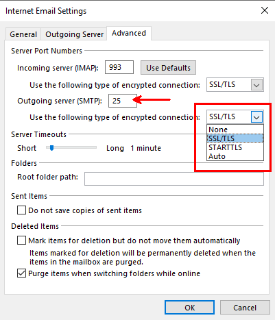 Outlook 365 Outgoing Server SMTP port Settings