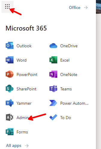 Microsoft 365 Main Admin Menu