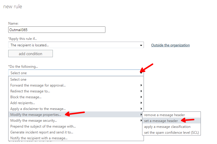 Microsoft 365 Exhange Mail Flow, modify message properties and set a message header