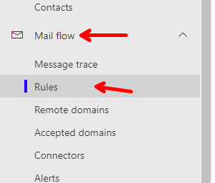 Microsoft 365 Exhange Mail Flow Menu, Select Rules
