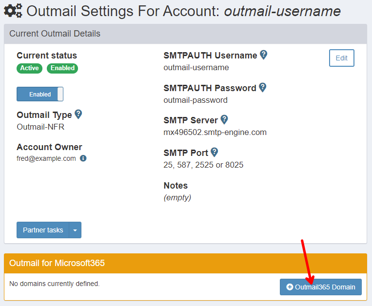 outMail Settings panel, click button "Add Outmail365 Domain"
