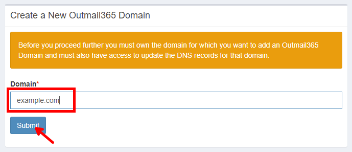 outMail Settings panel, adding domain name used in 365