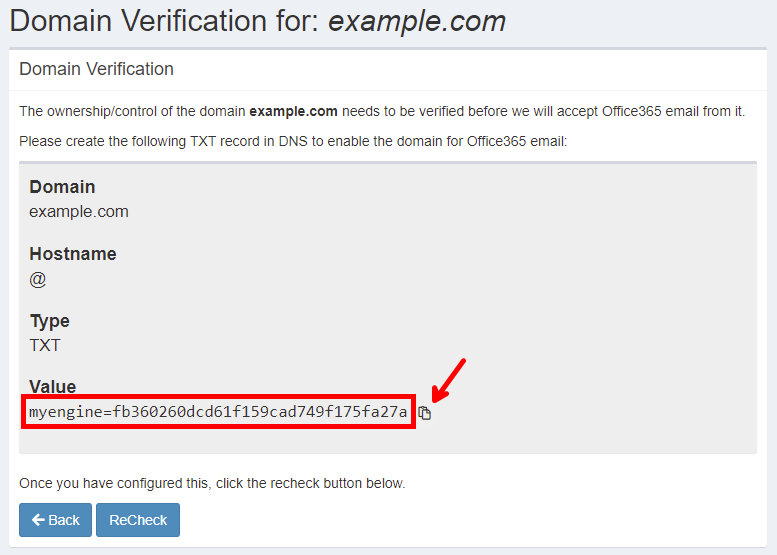 outMail Settings, shows the DNS TXT record that needs to be added to the domains DNS for ownership verification