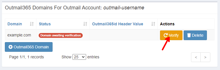 outMail Settings verifiy the domain name