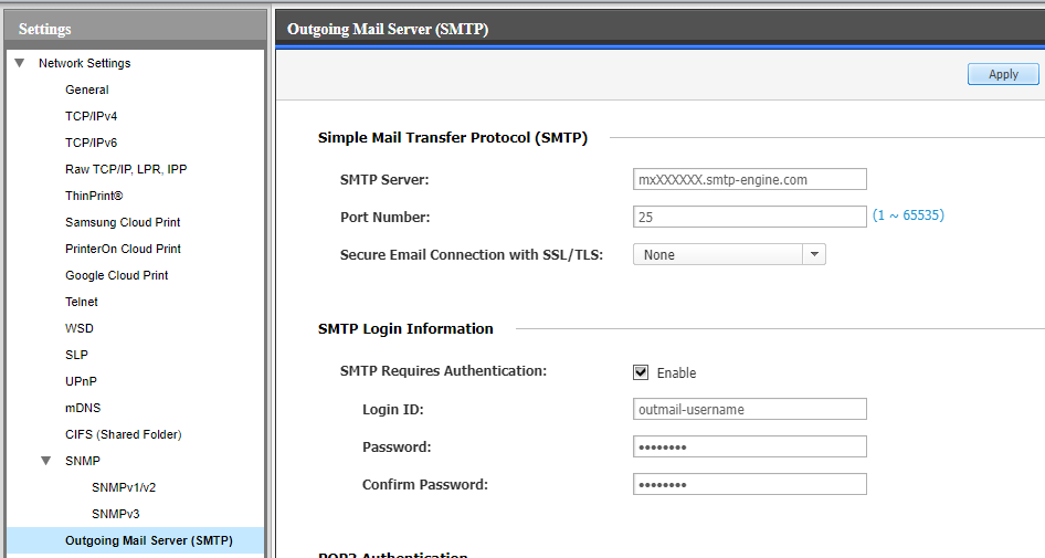 Samsung SyncThru Web Service SMTP Server Settings