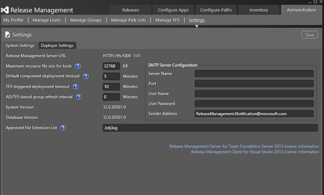 Microsoft Visual Studio 2013 Release Management SMTP Settings