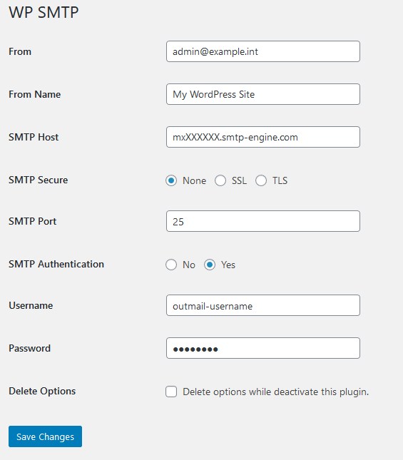 WordPress WP SMTP settings - outMail