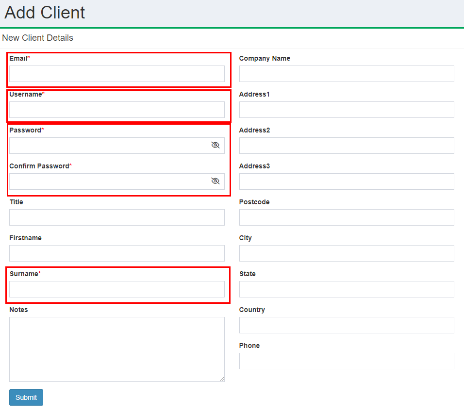 partner portal - Add a new client - complete the form