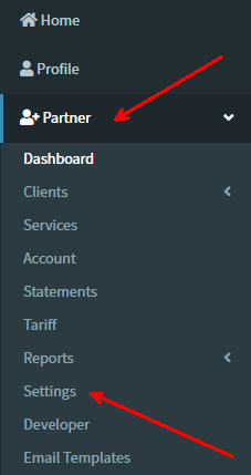 partner portal settings menu