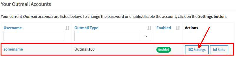 portal outmail list of outmails settings button