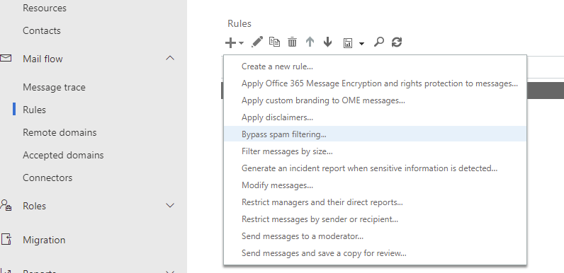 Micorsoft365 Exchange Admin Create a ByPass Spam filter rule for Profilter