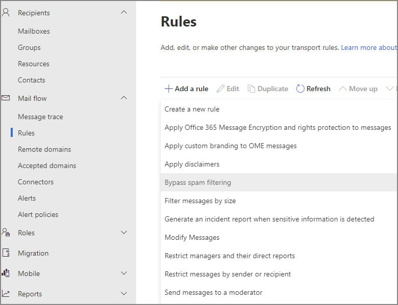 Micorsoft365 Exchange Admin Create a ByPass Spam filter rule for Profilter