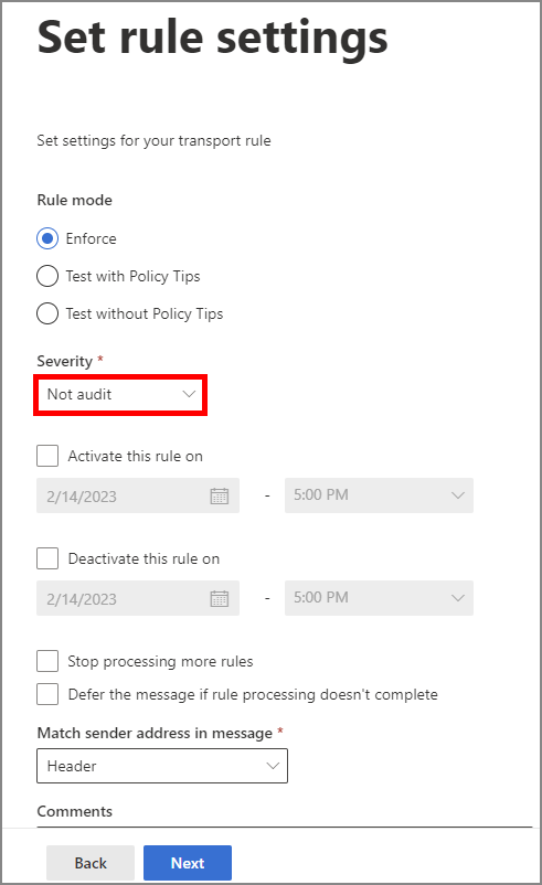 Microsoft365 exchange admin set rule settings