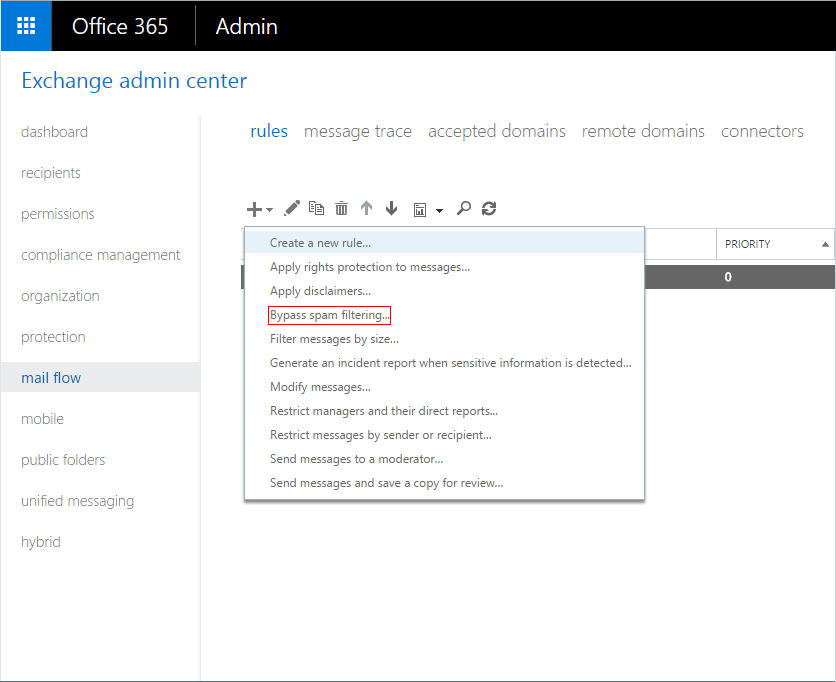 Office365 Exchange Admin Center - bypass spam filtering for profilter