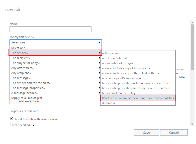 Office365 Exchange Admin Center - Add New Rule