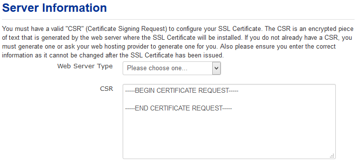 Entering the server information for the SSL Certificate