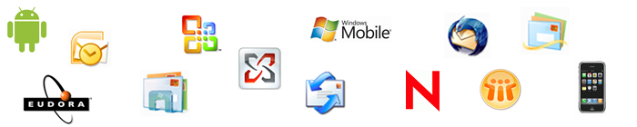 outmail supports exchange, outlook, windows mobile, iPhone, Andriod, Mercury Mail, Thunderbird, Eudora, Lotus Notes, Mac OS Mail, SMTP Clients