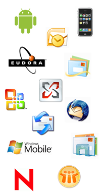 outmail supports exchange, outlook, windows mobile, iPhone, Andriod, Mercury Mail, Thunderbird, Eudora, Lotus Notes, Mac OS Mail and other SMTP Clients